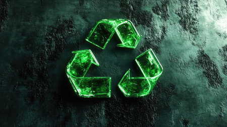 A striking 3D green recycling symbol on a dark textured background, emphasizing eco-friendliness and sustainability in design. Ideal for environmental projects.の素材