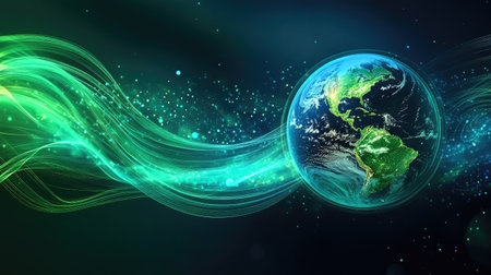 Experience an intriguing abstract visualization featuring 3D waves of vibrant green and blue energy flowing around the Earth, symbolizing dynamic movement and harmony.の素材