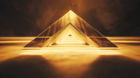Stunning 3D abstract image of golden pyramid bars forming an intriguing composition, illuminating the space with a warm glow and captivating reflections.の素材