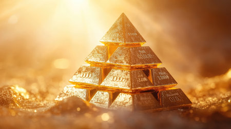 Stunning 3D representation of a radiant gold pyramid made of bars, symbolizing wealth and luxury, illuminated by a warm, glowing light. Perfect for high-end themes.の素材