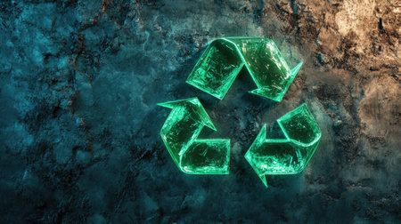 This abstract image features a striking 3D recycling symbol made of green material, set against a textured background, representing sustainability and eco-friendly design.の素材