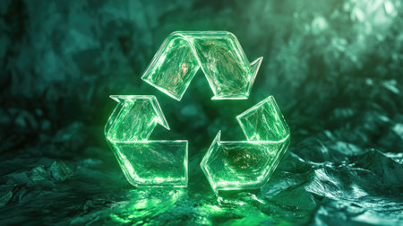 This 3D abstract design features a green recycling symbol, highlighting sustainability and eco-friendliness. The glossy texture and illumination enhance its modern aesthetic.の素材