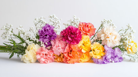 This vibrant bouquet features an array of cheerful carnations in various colors, accompanied by delicate babyの素材