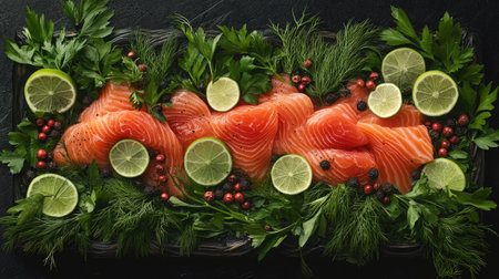 A beautifully arranged platter of fresh salmon slices garnished with herbs and lime, showcasing vibrant colors and textures ideal for culinary presentations.の素材