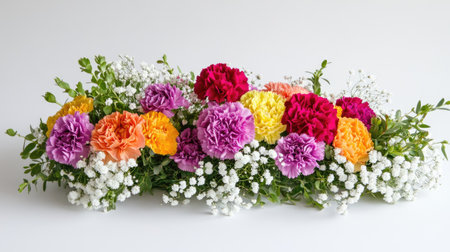 This vibrant floral arrangement showcases fresh multicolored carnations surrounded by delicate greenery, perfect for enhancing any decor or celebration.の素材