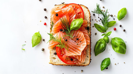 This vibrant sandwich features smoked salmon layered on fresh bread with tomatoes and herbs. Perfect for a healthy lunch or snack, it offers a delightful taste.の素材
