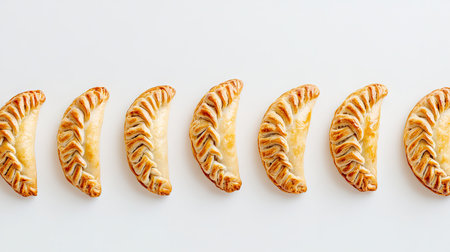 A neat row of golden empanadas displayed on a white surface, showcasing their crispy texture and delightful filling, perfect for any culinary presentation.の素材
