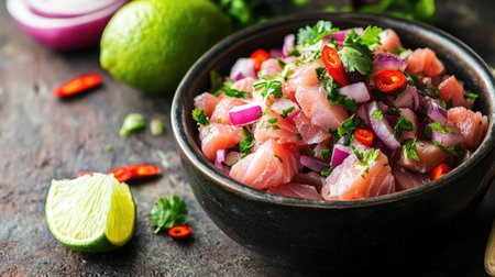 A vibrant bowl of fresh ceviche featuring marinated fish, lime, cilantro, and chili, perfect for a refreshing appetizer or light meal.の素材