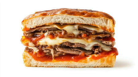 Indulge in a beautifully crafted Francesinha sandwich showcasing layers of tender meat and rich sauce, offering a mouthwatering culinary delight for any meal.の素材