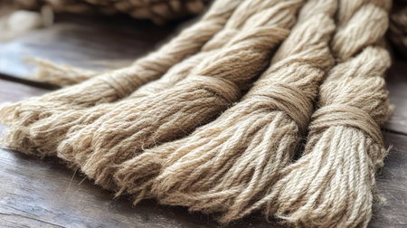 This close-up shot features bundles of braided natural twine, showcasing their texture and earthy tones. Perfect for craft, DIY, and decorative projects.の素材