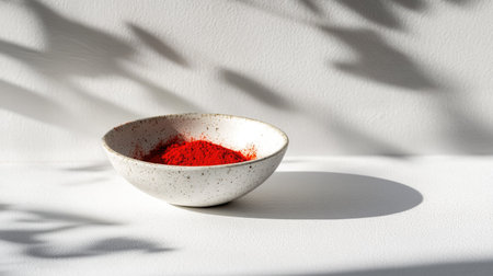 A small white bowl filled with bright red powder, casting soft shadows on a clean surface, perfect for culinary and design photography.の素材
