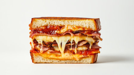 A scrumptious Francesinha sandwich showcasing layers of meats and gooey melted cheese, perfect for satisfying cravings and delighting taste buds.の素材