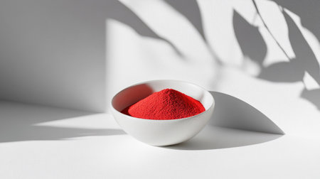 A small white bowl filled with bright red powder creates a stunning visual contrast against a minimalist background, enhanced by delicate shadows.の素材