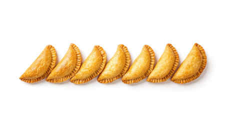 A visually appealing row of golden empanadas, showcasing their crispy texture and delicious filling, perfect for gatherings, parties, or snacks.の素材