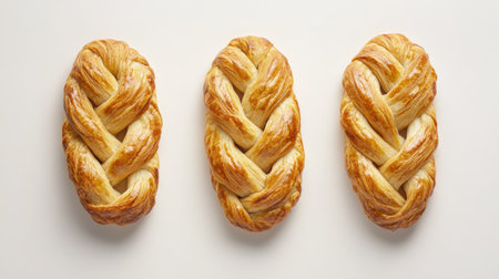 Delight in these three golden brown braided empanadas, perfectly baked to showcase their intricate design and enticing texture, ideal for any gathering.の素材