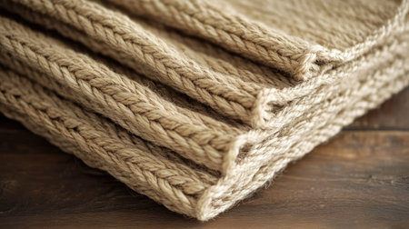 This image features a detailed close-up of braided natural fibers, showcasing the intricate texture and craftsmanship. Perfect for design inspiration or eco-friendly themes.の素材