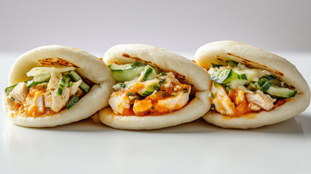 Experience the deliciousness of vibrant arepas, beautifully stuffed with fresh ingredients. Perfect for a savory meal or snack, these colorful treats delight the senses.の素材