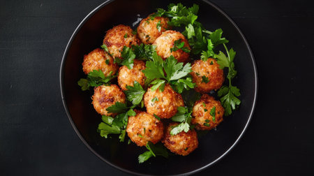 Delight in these crispy golden fried balls, perfectly garnished with fresh herbs. A savory snack ideal for any gathering or meal occasion.の素材