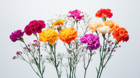 A stunning bouquet of vibrant carnations in a mix of colors against a clean backdrop. Perfect for celebrations or as a cheerful decoration.の素材