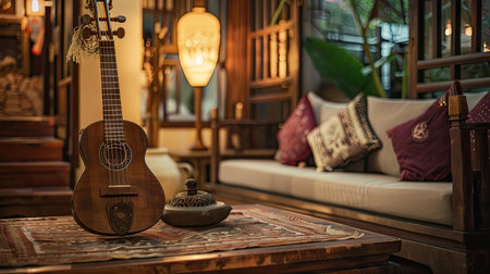 A cozy corner in a Thai living room with a traditional Thai musical instrument and soft lighting, evoking cultural appreciationの素材