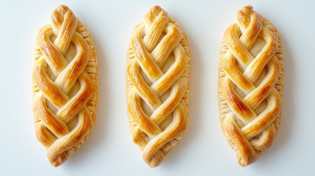 A close-up view of three golden empanadas showcasing intricate braided crusts, highlighting their crispy texture and appetizing appearance. Perfect for food lovers!の素材