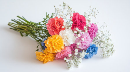 A vibrant bouquet featuring multicolored carnations alongside delicate baby's breath, perfect for brightening any space or celebrating special occasions. Ideal for gifts or decor.の素材