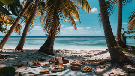 A beach picnic setup under the shade of palm trees, with a picnic blanket, food, and a view of the turquoise sea.の素材