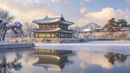 A panoramic view of Gyeongbokgung Palace blanketed in snow, highlighting its timeless beauty.の素材