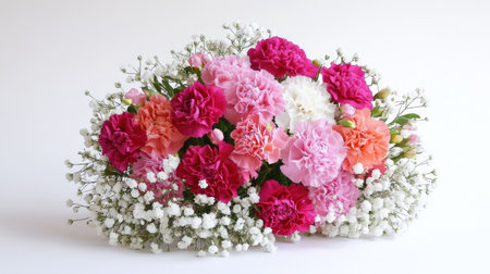 A stunning floral arrangement featuring a mix of vibrant carnations and delicate baby's breath. Perfect for celebrations, events, or as a thoughtful gift.の素材