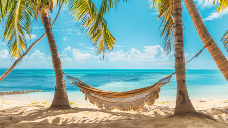 A cozy hammock strung between two palm trees on a sandy beach, overlooking the turquoise sea on a sunny summer day.の素材