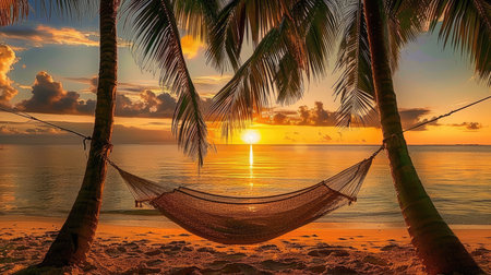 A hammock strung between two palm trees on a beach, with a serene sea view and the sun setting in the background.の素材