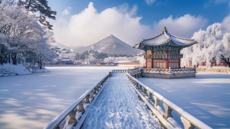 A peaceful winter day at Gyeongbokgung Palace, with snow blanketing the ancient grounds.の素材