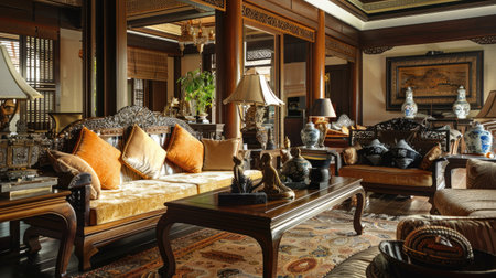 A kitchen with Thai ceramic tiles and vibrant Thai spices displayed on the counter, celebrating Thai culinary heritage."の素材