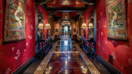 A hallway adorned with Thai silk wall hangings and ornate mirrors, creating a grand entrance with cultural flair."の素材