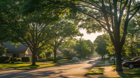 A suburban neighborhood street lined with trees and family homes, embodying residential tranquility."の素材