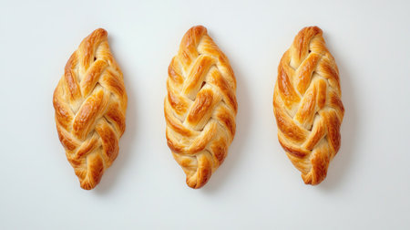 Three golden braided empanadas display their flaky texture on a light background, perfect for elevating any culinary presentation in a fresh, inviting way.の素材