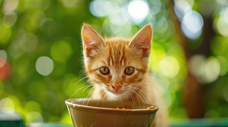 Close-up of a happy ginger kitten eating from a bowl, against a lively green backdropの素材
