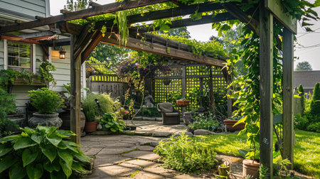 A front yard garden with a wooden trellis and vine-covered pergola, creating a shaded outdoor retreat."の素材
