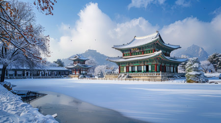 A quiet winter morning at Gyeongbokgung Palace, with snow gently falling on its historic structures.の素材