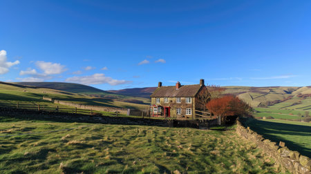 A panoramic shot of a countryside cottage amidst rolling hills and a clear blue sky."の素材