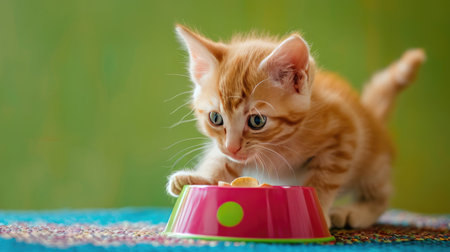 Cute ginger kitten playfully pawing at a colorful feeding bowl against a green backdropの素材