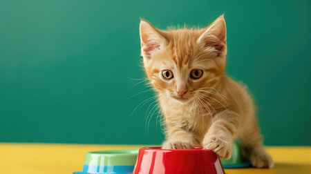 Cute ginger kitten playfully pawing at a colorful feeding bowl against a green backdropの素材
