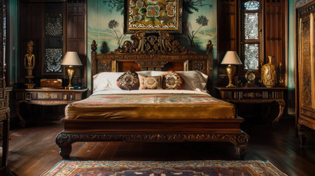 A Thai-inspired guest room with a carved teakwood bed and embroidered silk bedspread, offering comfort with cultural charm."の素材