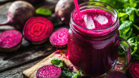 A close-up of a glass of beetroot juice with fresh beetroot slices, served with ice cubes and a straw in a mason jar.の素材