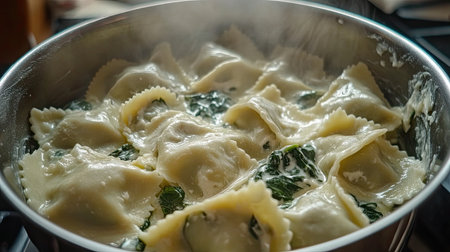 A bowl of fresh homemade ravioli with a creamy ricotta and spinach filling, ready to be boiled and served with a sauce.の素材