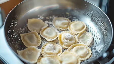A bowl of fresh homemade ravioli with a creamy ricotta and spinach filling, ready to be boiled and served with a sauce.の素材