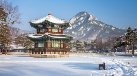A peaceful winter day at Gyeongbokgung Palace, with snow blanketing the historic grounds.の素材