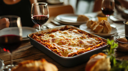 A cozy Italian family dinner table with a large tray of homemade lasagna, fresh bread, and red wine.の素材