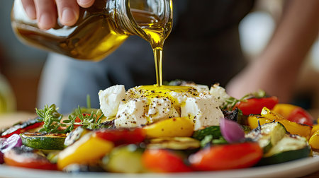 A chef drizzling extra virgin olive oil over a plate of grilled vegetables and feta cheese.の素材