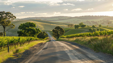 A scenic country road passing through vineyards and rolling hills, perfect for a leisurely drive."の素材